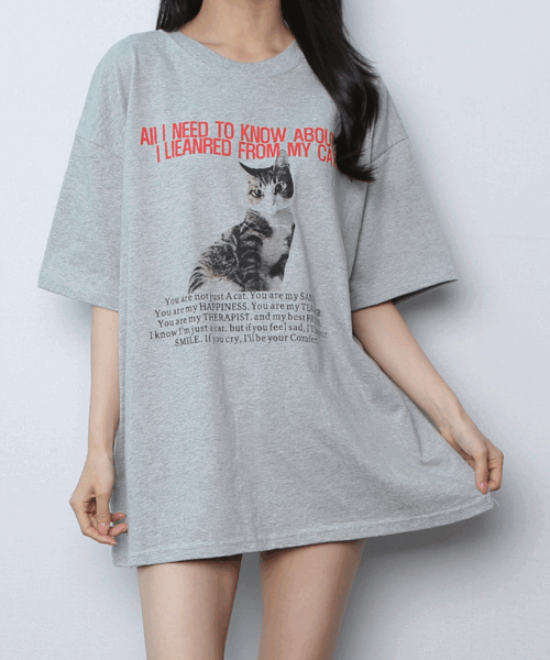 (1+1할인 박스티) 냐옹이 레터링 오버핏 반팔 티셔츠